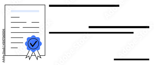 Document featuring a blue ribbon and check mark indicating certification or approval. Ideal for trust, quality assurance, validation, compliance, agreement, achievement, official recognition. Simple