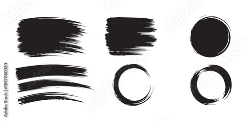 Set of nine black paint ink brush strokes isolated on a white background design element