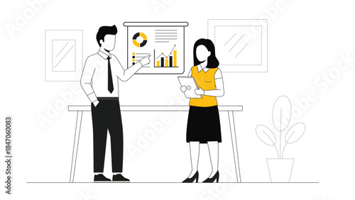 Business presentation illustration with faceless characters discussing data in office