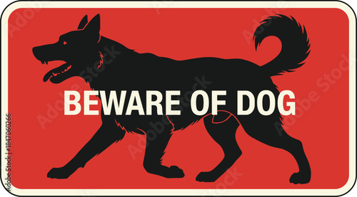 Retro-style warning sign featuring a large, aggressive black dog silhouette and the white text 'BEWARE OF DOG' on a bold red background.