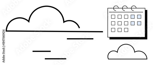 Minimalist cloud elements and a simple calendar with highlighted dates emphasize time management, event planning, and cloud storage. Ideal for scheduling, technology, organization, deadlines, digital