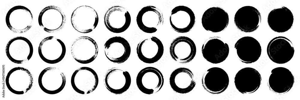 Fototapeta premium Grunge circles, brush strokes, lines, ink smudges, hand-drawn scribble shapes. Handmade sketchy marks, acrylic stains, charcoal streaks. Paint textures, dry brush effect. Vector illustration