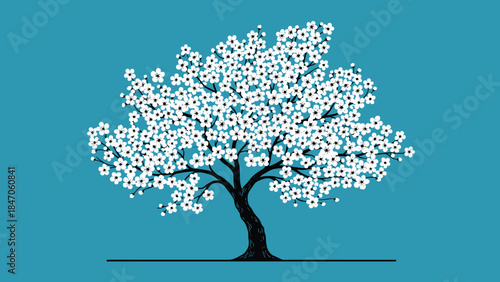 Vector illustration of a beautiful blooming tree with white cherry blossom flowers and a full canopy set against a bright blue background.