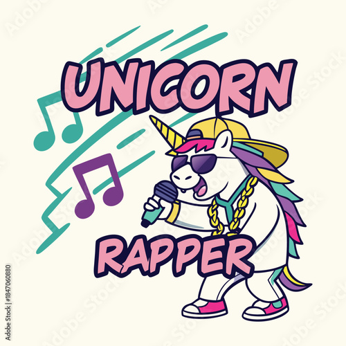 Futuristic Unicorn Rapper — Cartoon Character with LED Chain and Graffiti Typography