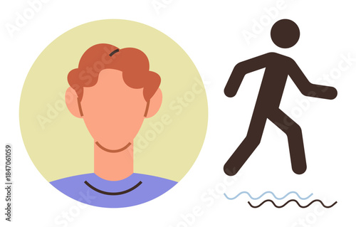Male head icon next to stylized walking figure stepping on wavy lines. Ideal for identity, movement, travel, activity, creativity, abstract depiction, teamwork. Simple flat metaphor
