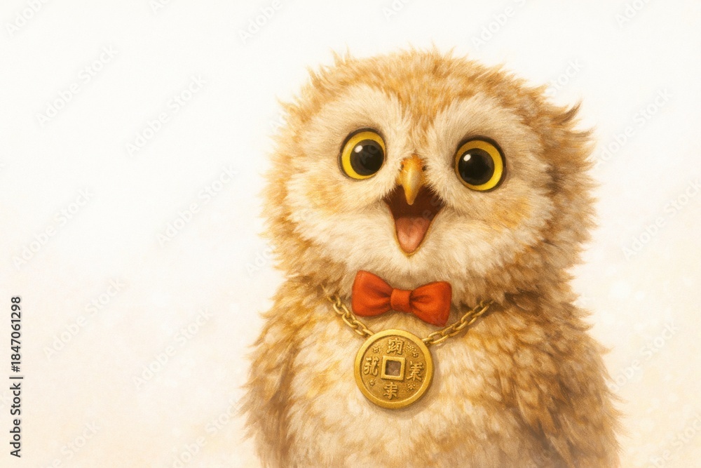 Naklejka premium Surprised owl celebrating chinese new year lunar spring festival high-resolution digital artwork festive atmosphere playful concept