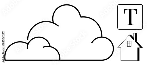 Cloud storage, online communication, digital design, remote access, data management, web development. Minimalist cloud shape, text element and house symbol. Cloud storage and online communication