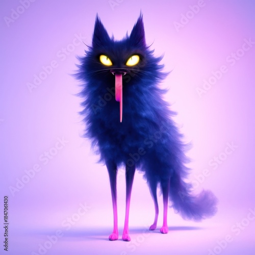 A whimsical, purple-hued creature with glowing eyes and a playful demeanor, combining the features of a cat and a monster.