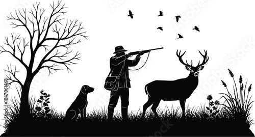 Hunter aims rifle at majestic stag with dog