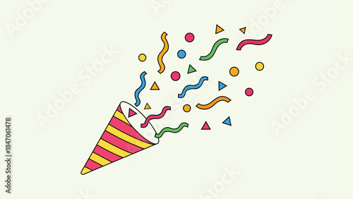 Colorful party popper with streamers and confetti exploding