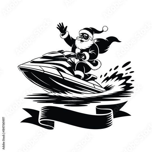 Santa Claus riding a jet ski with a ribbon banner