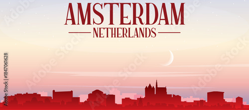 Red panoramic poster of the city skyline with misty background buildings, sunrise, moon and clouds of AMSTERDAM, NETHERLANDS