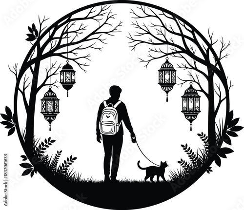 Person walking cat under ornate hanging lanterns in forest
