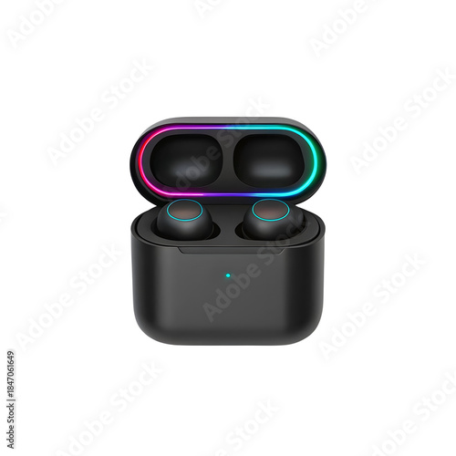 Modern black true wireless stereo earbuds with open charging case featuring vibrant rgb lighting isolated on transparent background