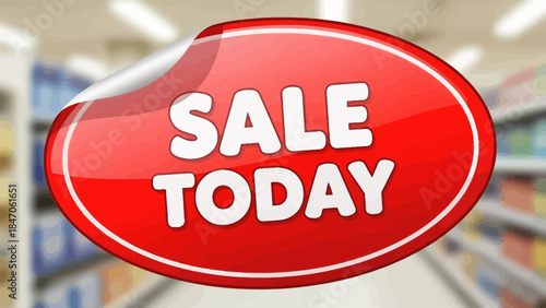 Red sale today sign in a store with shelves