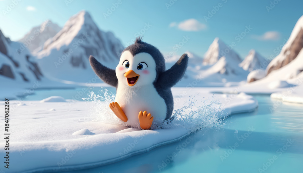 Obraz premium Cute cartoon penguin slides on ice, splashes water in snowy landscape. Mountains and blue sky in background. Penguin has fun in cold winter nature.