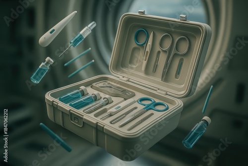 Floating Emergency Medical Kit in Microgravity Inside Spacecraft Cabin, Space Medicine and Zero Gravity First Aid Concept