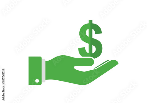 Green Hand Holding Dollar Sign Symbol Money Icon.