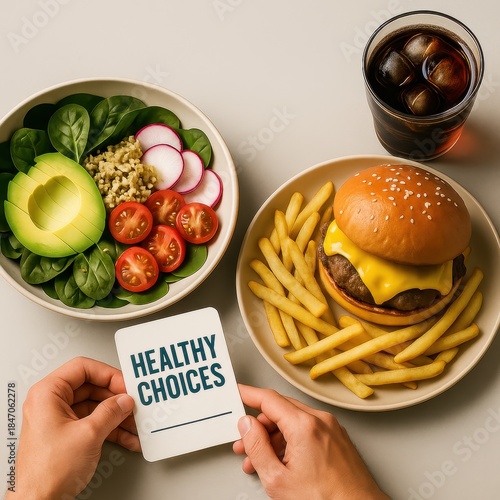 Healthy Salad Bowl Beside Greasy Fast Food on Same Table, Diet Contrast and Healthy Versus Unhealthy Nutrition Concept