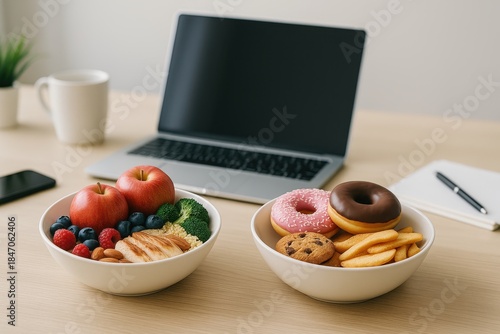 Office Desk Snack Choice Between Fresh Fruit and Glazed Donut, Workplace Wellness and Daily Nutrition Decision Concept