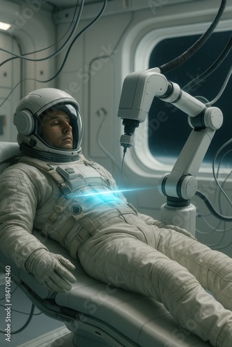 Spaceborne Autodoc Medical Pod Treating Injured Astronaut in Spacecraft Med Bay, Autonomous Surgery and Futuristic Space Healthcare Concept