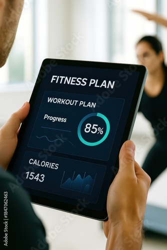 Personal Trainer Reviewing Client Progress Dashboard on Tablet at Gym, Digital Fitness Coaching and Personalized Training Plan Concept