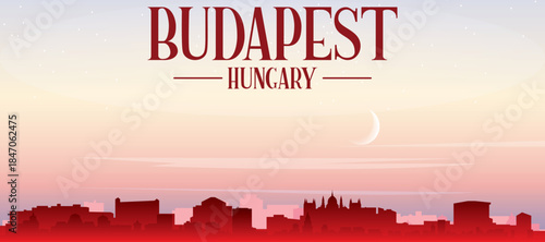 Red panoramic poster of the city skyline with misty background buildings, sunrise, moon and clouds of BUDAPEST, HUNGARY