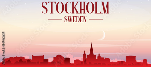 Red panoramic poster of the city skyline with misty background buildings, sunrise, moon and clouds of STOCKHOLM, SWEDEN