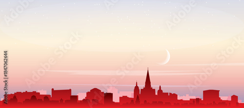 Red panoramic poster of the city skyline with misty background buildings, sunrise, moon and clouds of STOCKHOLM, SWEDEN