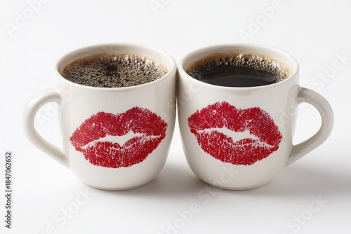 Two white coffee cups with red lipstick kiss prints on a clean white background, symbolizing love, romance, Valentine s Day, couples, morning coffee, and cozy relationship moments