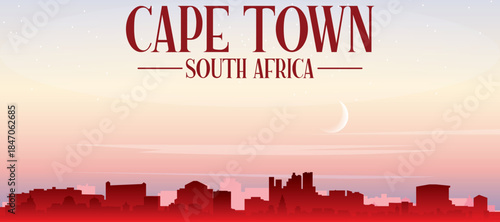 Red panoramic poster of the city skyline with misty background buildings, sunrise, moon and clouds of CAPE TOWN, SOUTH AFRICA