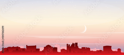 Red panoramic poster of the city skyline with misty background buildings, sunrise, moon and clouds of CAPE TOWN, SOUTH AFRICA