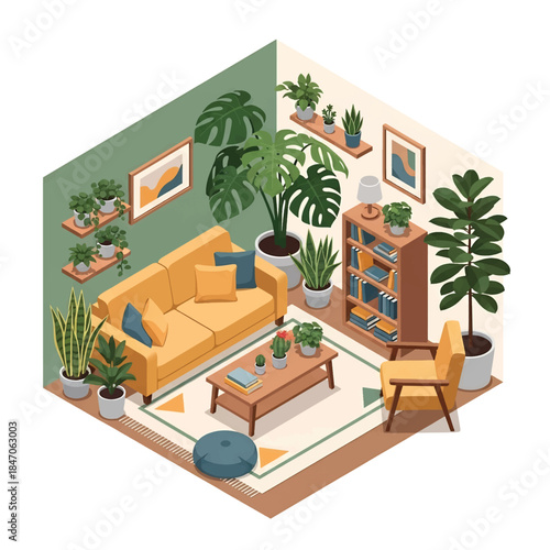 Isometric vector 3D view of a cozy indoor livingroom houseplant corner with monstera and fiddle leaf fig in modern pots, stylish interior greenery, calm lifestyle scene