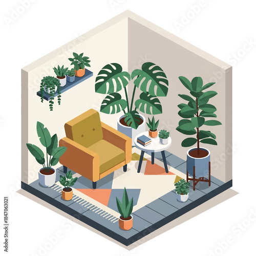 Isometric vector 3D view of a cozy indoor livingroom houseplant corner with monstera and fiddle leaf fig in modern pots, stylish interior greenery, calm lifestyle scene