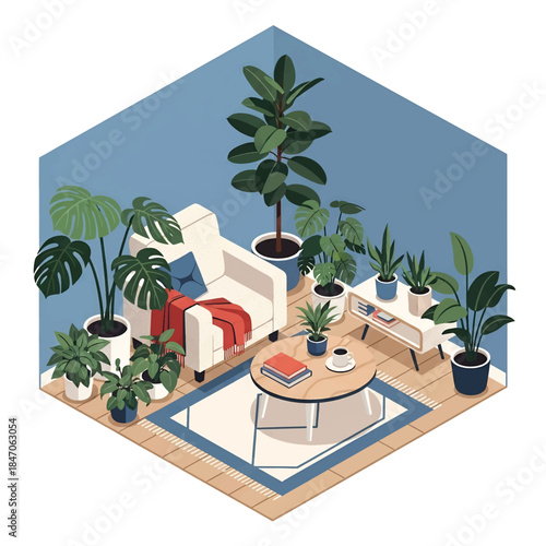 Isometric vector 3D view of a cozy indoor livingroom houseplant corner with monstera and fiddle leaf fig in modern pots, stylish interior greenery, calm lifestyle scene