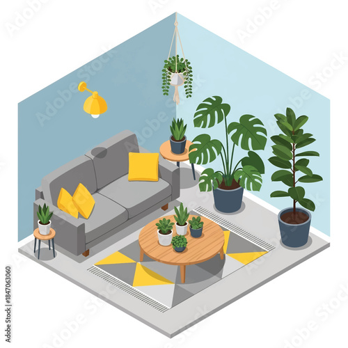 Isometric vector 3D view of a cozy indoor livingroom houseplant corner with monstera and fiddle leaf fig in modern pots, stylish interior greenery, calm lifestyle scene