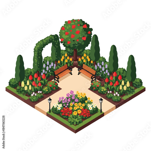 Isometric vector 3D view of a botanical garden with flowering plants, walking paths, benches, and visitors, educational green landscape and nature tourism concept