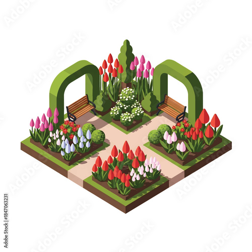 Isometric vector 3D view of a botanical garden with flowering plants, walking paths, benches, and visitors, educational green landscape and nature tourism concept
