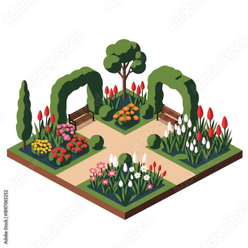 Isometric vector 3D view of a botanical garden with flowering plants, walking paths, benches, and visitors, educational green landscape and nature tourism concept