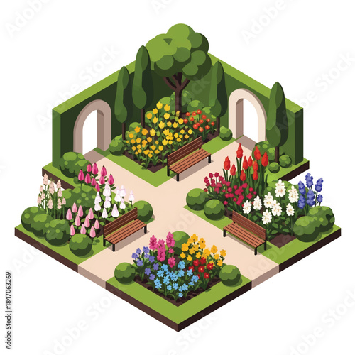 Isometric vector 3D view of a botanical garden with flowering plants, walking paths, benches, and visitors, educational green landscape and nature tourism concept