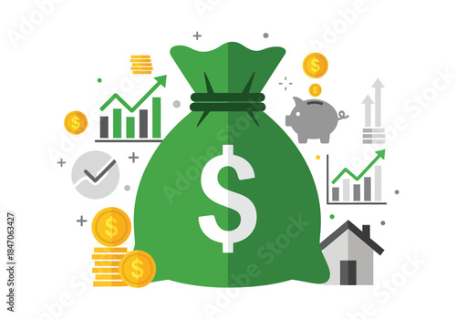 Green Money Bag with Dollar Symbol and Financial Icons.