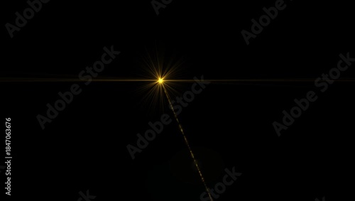 Optical lens flare, golden sunbeam shining brightly, dark background	