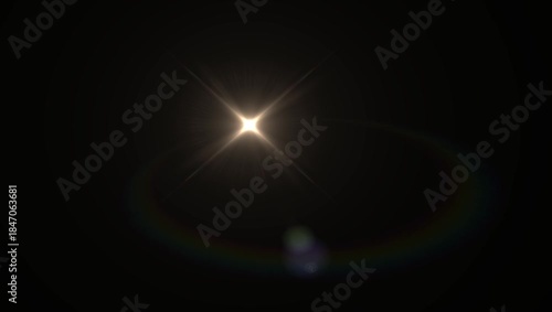 Optical lens flare with warm bokeh effects, golden sunbeam shining brightly, dark background	