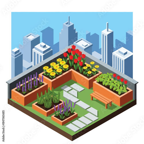 Isometric vector 3D view of an urban rooftop garden with flowers, herbs, and city skyline, sustainable living and green city lifestyle concept