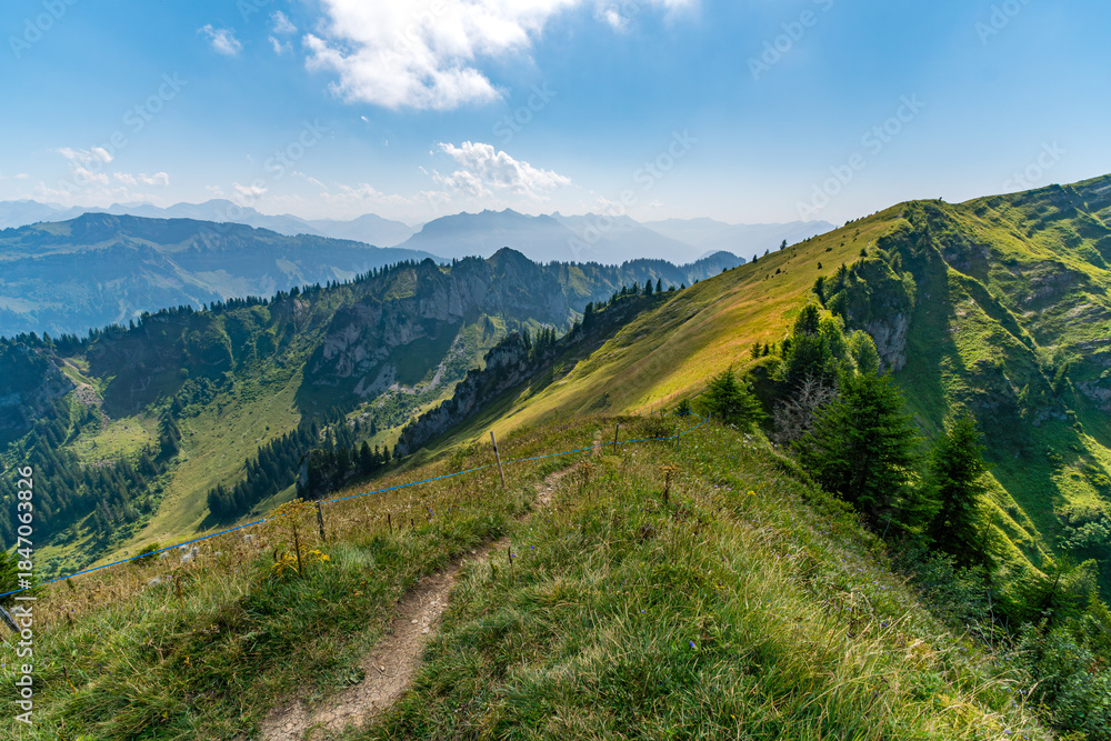 Naklejka premium Breathtaking alpine vistas on the scenic Bregenzerwald forest tour through Tristenkopf peaks