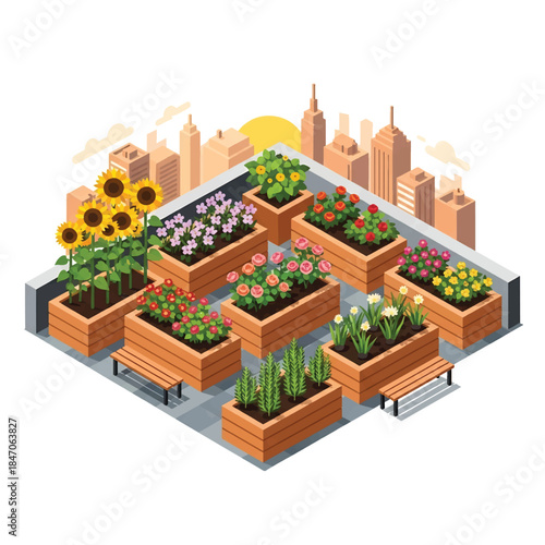 Isometric vector 3D view of an urban rooftop garden with flowers, herbs, and city skyline, sustainable living and green city lifestyle concept