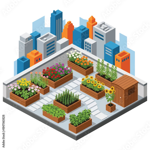 Isometric vector 3D view of an urban rooftop garden with flowers, herbs, and city skyline, sustainable living and green city lifestyle concept