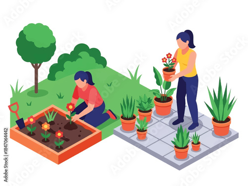 Isometric vector 3D view of people gardening at home, planting flowers in pots and soil, hobby lifestyle and sustainable home activity concept