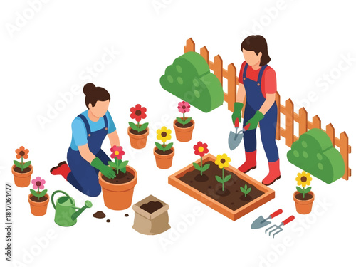 Isometric vector 3D view of people gardening at home, planting flowers in pots and soil, hobby lifestyle and sustainable home activity concept