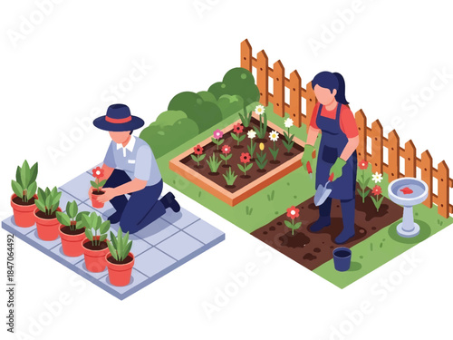 Isometric vector 3D view of people gardening at home, planting flowers in pots and soil, hobby lifestyle and sustainable home activity concept